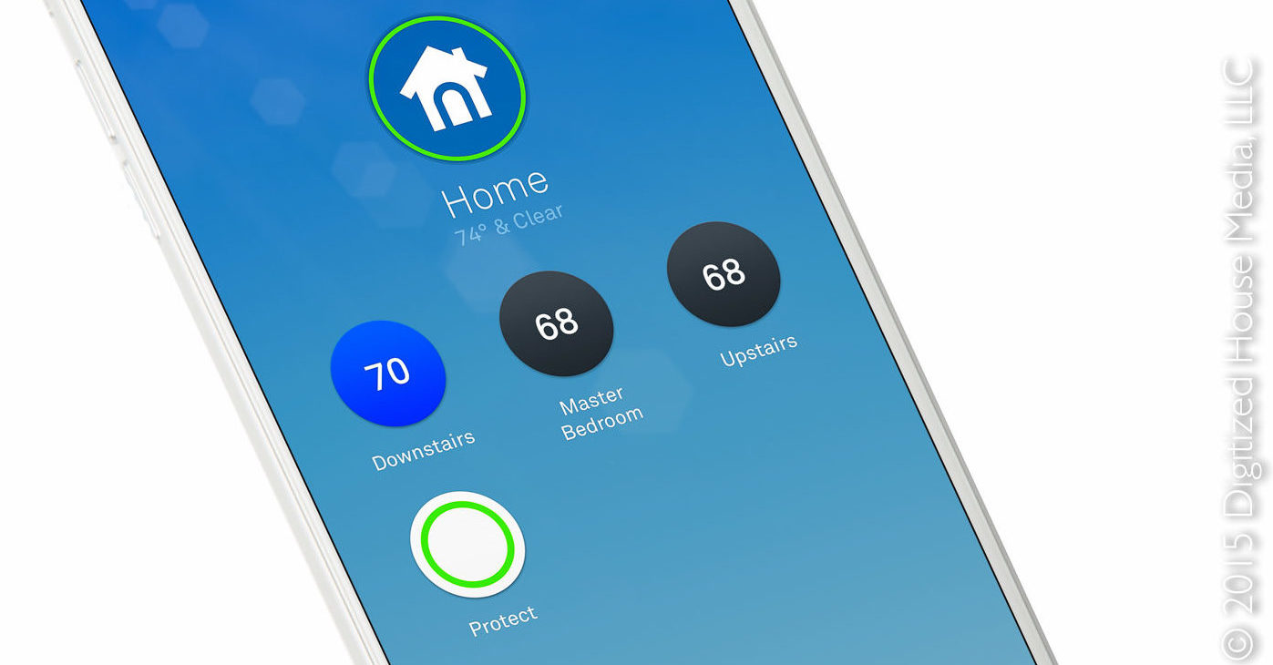 Getting in the zone with the Nest smartphone app. The leaf icons in the Downstairs and Master Bedroom zones indicate they are in setback mode, while the Upstairs zone is actively delivering cool air.