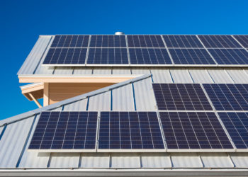 A view of the solar photovoltaic arrays on the rooftop of this Texas Hill Country home.