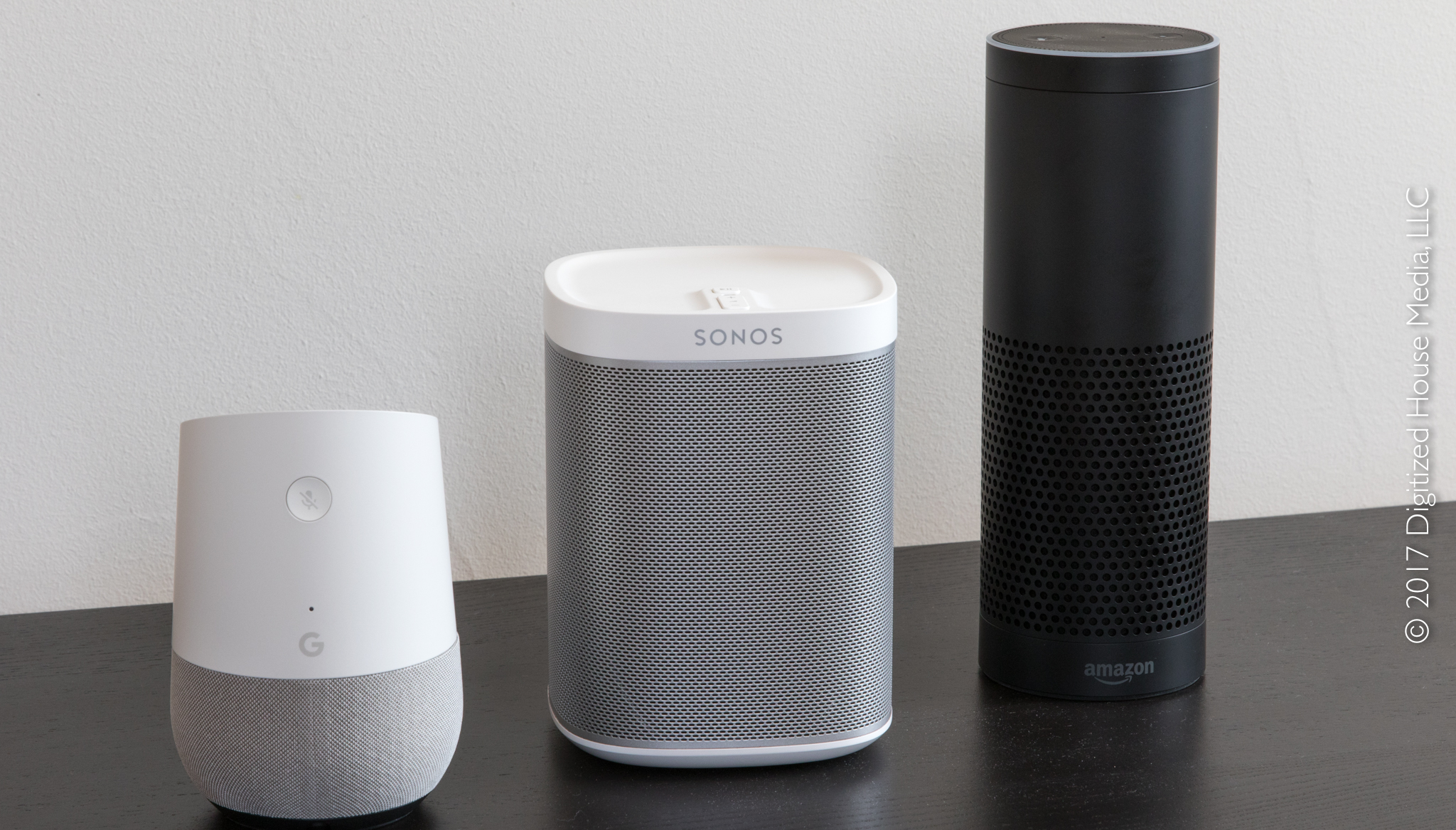 The three primary competitors for the Apple HomePod already in our smart-home labs: Google Home, Sonos Play:1, and Amazon Echo.