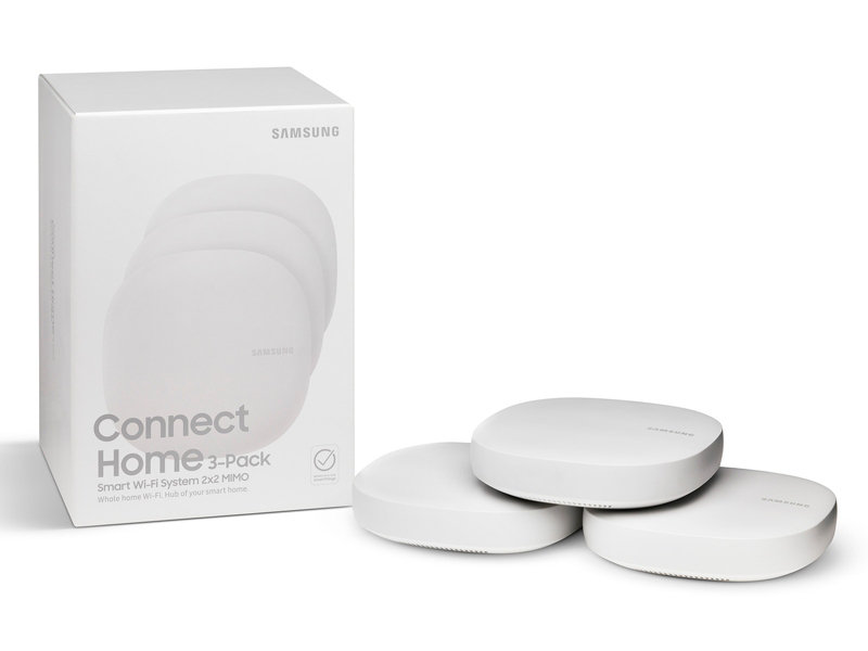 The Samsung Connect Home AC1300 3-Pack mesh system is designed for deployment of a high-performance network in larger homes up to 4,500 square feet. The kit is priced at $299 for the holidays. Image: Samsung.