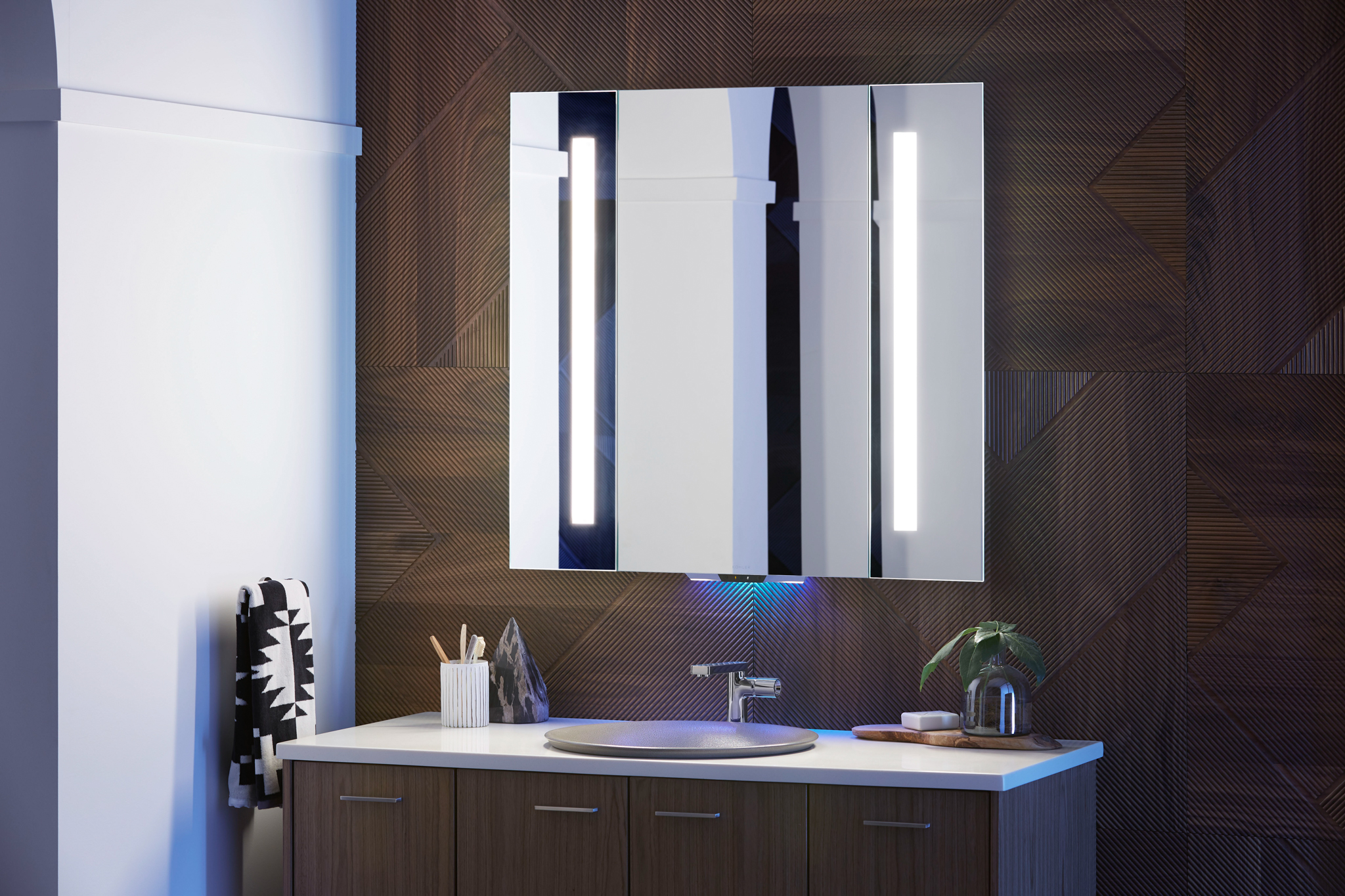 The Kohler Konnect line includes the voice-activated Verdera Voice Lighted Mirror. Image: Kohler.