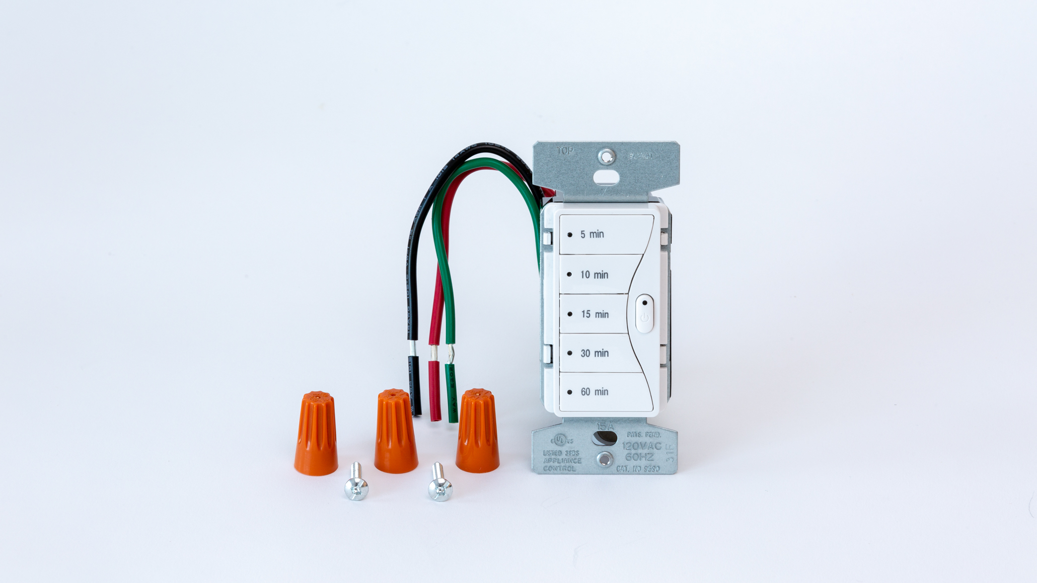 The Eaton Aspire 5-Button Preset Timer Switch is a direct retrofit for any standard 3-wire wall switch, and has LEDs behind each button that illuminate upon touch. Image: Digitized House Media.