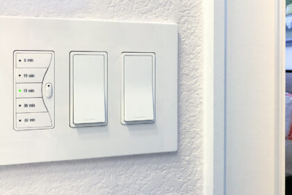 Designed to replace standard toggle or rocker wall switches, the Eaton Aspire Preset Timer Switch works splendidly with bath fans. Image: Digitized House Media.
