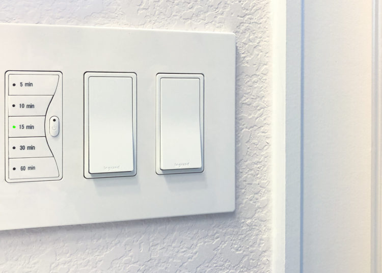 Designed to replace standard toggle or rocker wall switches, the Eaton Aspire Preset Timer Switch works splendidly with bath fans. Image: Digitized House Media.