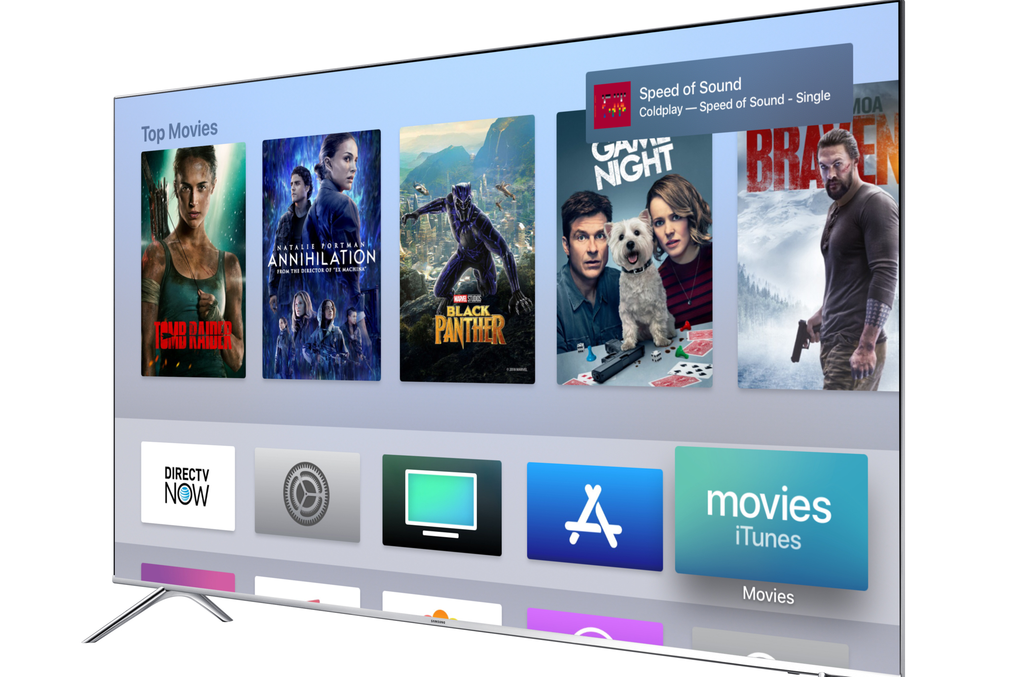 When an Apple TV is selected as an Airplay 2 speaker source, a pop-up appears on top of whatever content is currently displayed on the attached TV display. Image: Digitized House Media.