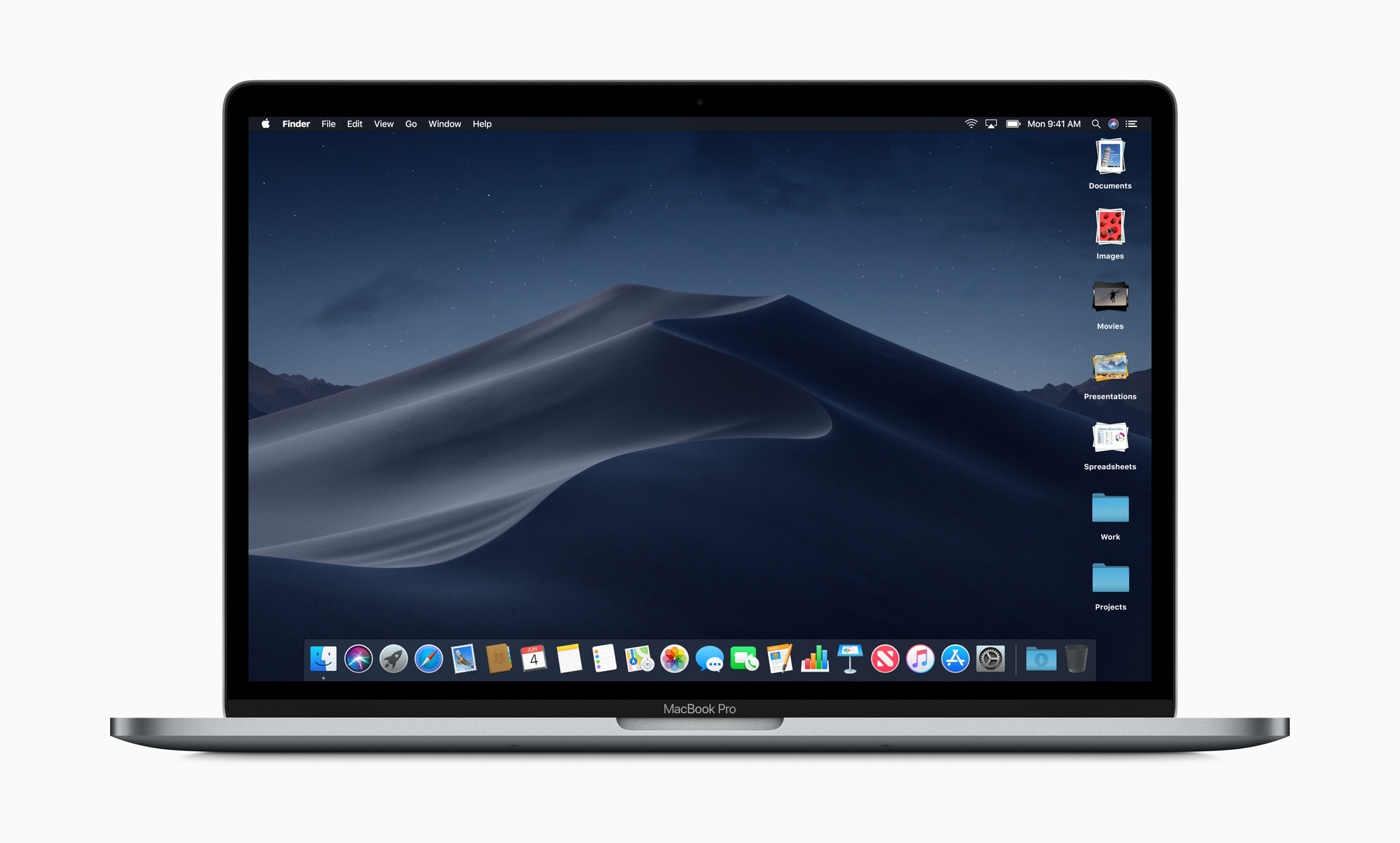 The new Dark Mode will give Mac users an alternative look to their screens, while Dynamic Desktop adds a time-shifting feature that adjusts the desktop background image based on time of day. Image: Apple.