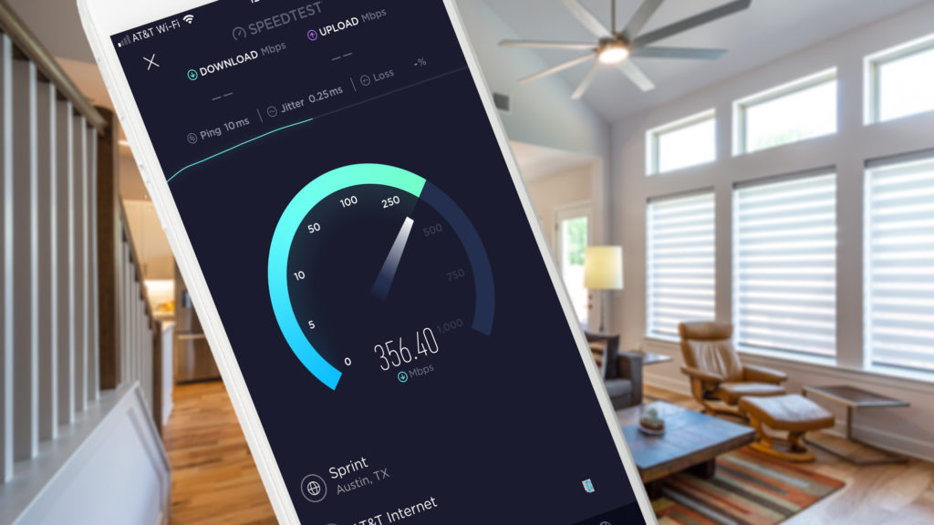 Internet speed testing tools, such as Ookla Speedtest shown here, can be used to benchmark bandwidth available on your home network. Image: Digitized House Media.