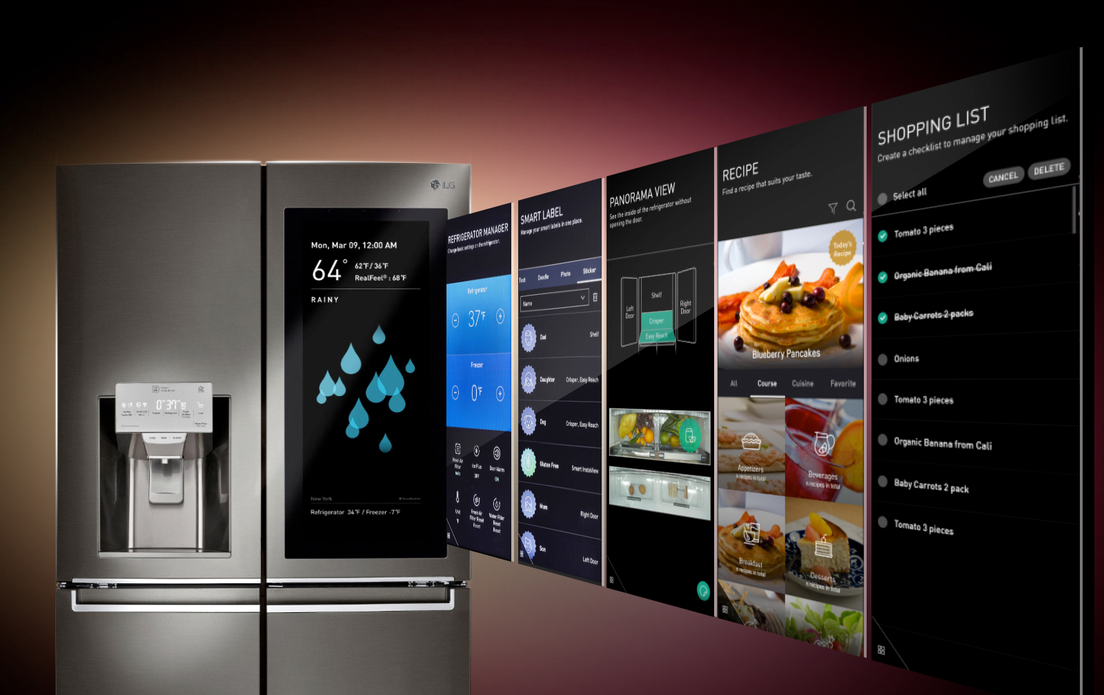 Boasting a large flat panel display in the door, the LG InstaView ThinQ Refrigerator brings a long list of smart features and has the Amazon Alexa assistant built in. Image: LG.