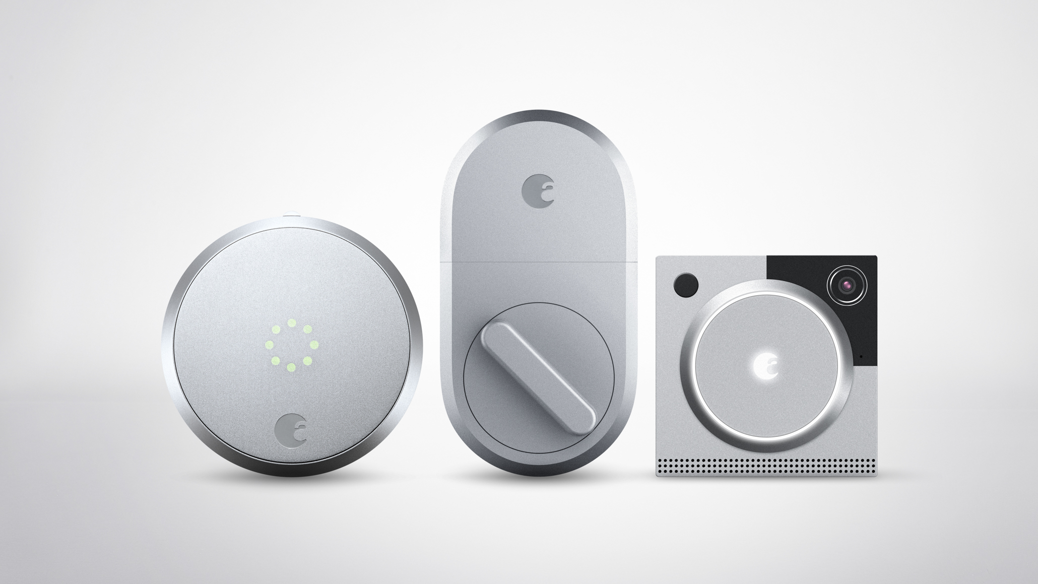 Smart door locks can be a welcome and secure addition to your front door. August Home offers several variations on their smart lock (left and center), and also offers a smart doorbell (right). Image: August Home.