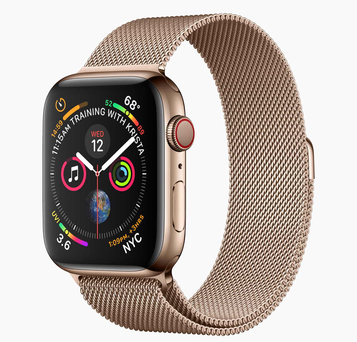 Designed for use in all sorts of workouts, the Apple Watch Series 4 runs watchOS 5 and includes a wide variety of digital watch face options ready for customizing. Image: Apple.
