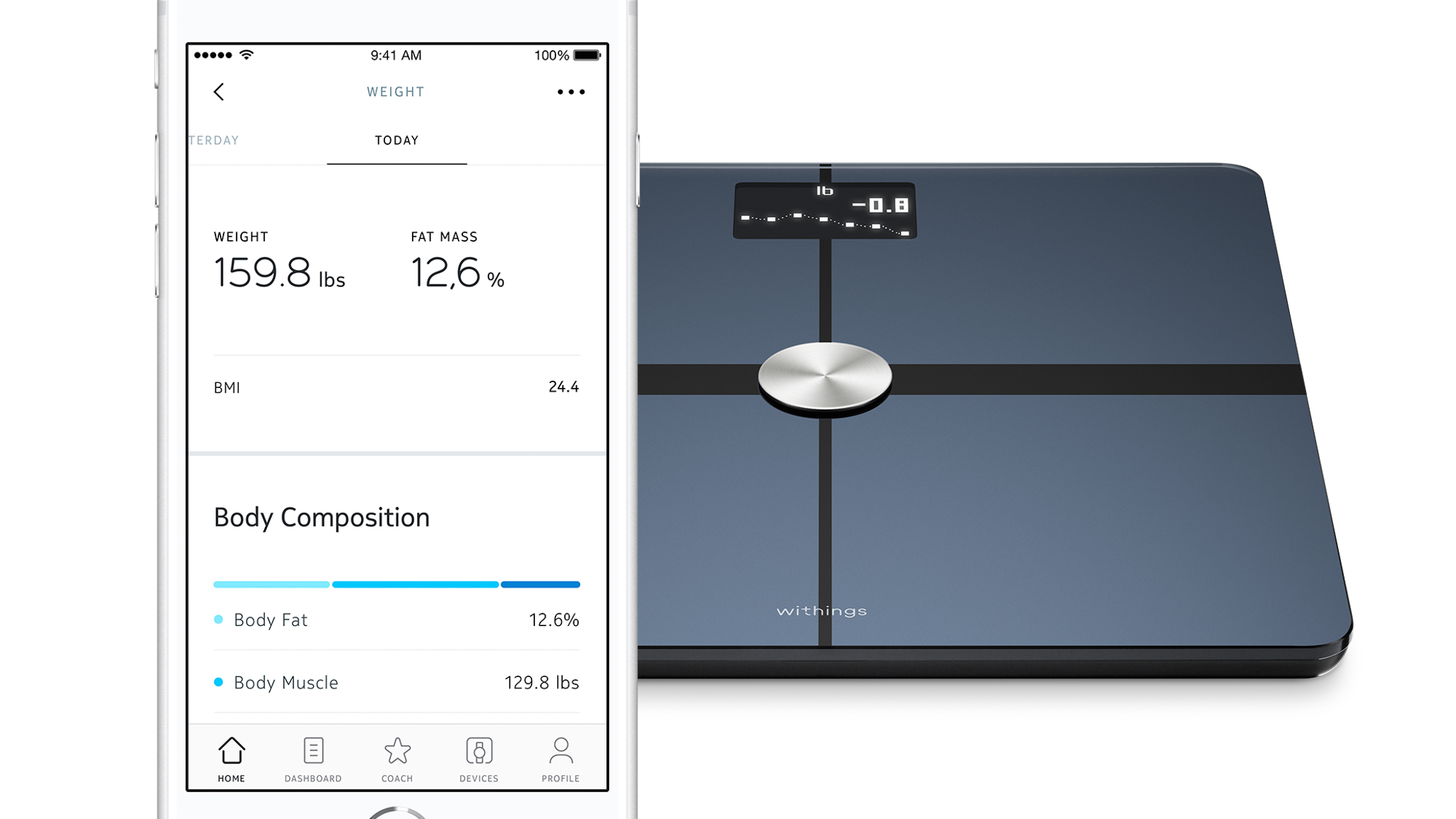 Delivering information on body composition and weight, the Withings Body+ scale connects o your smartphone via Wi-Fi, and can store metrics and configurations for up to 8 users. Image: Withings.