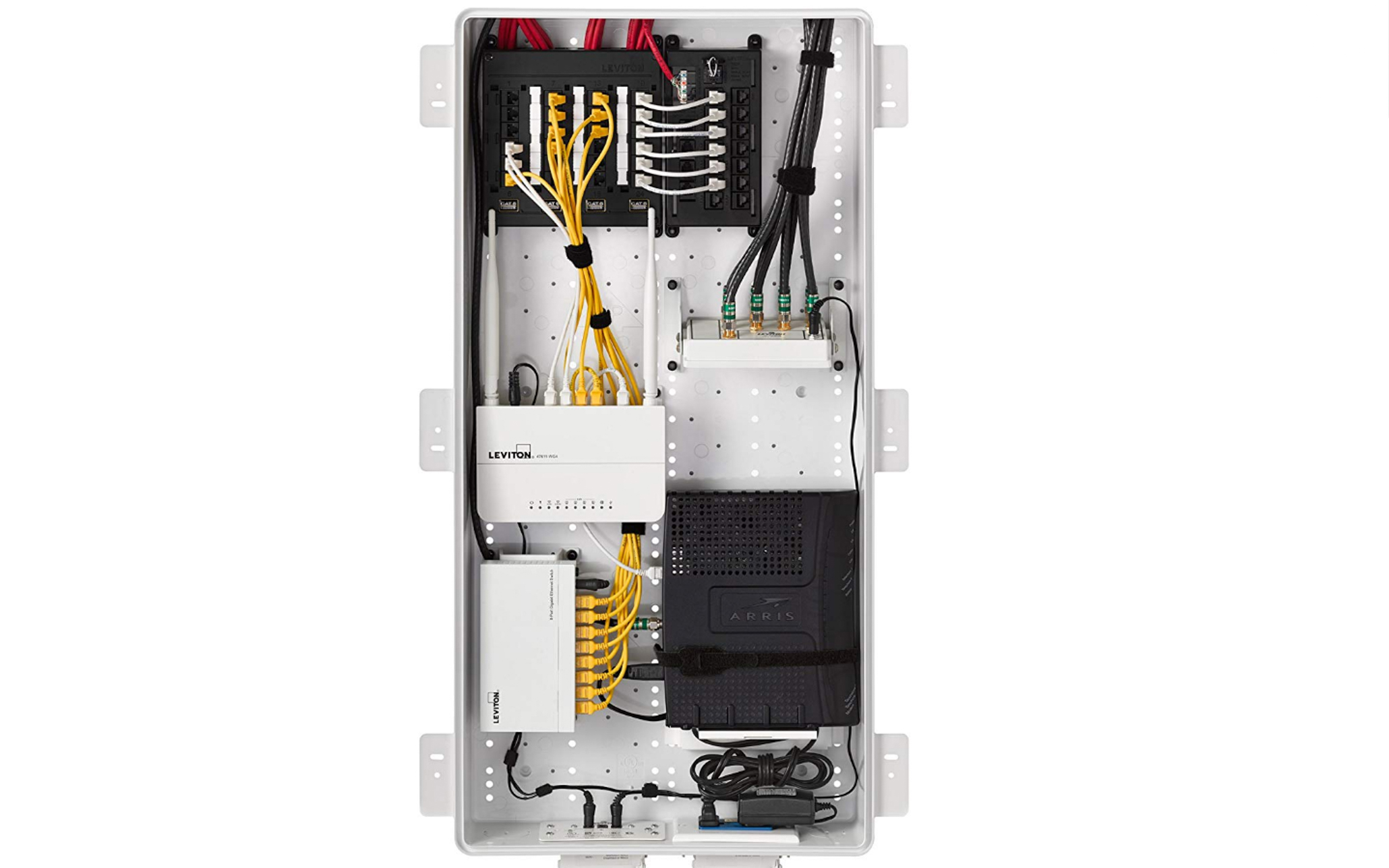 The Leviton 49605 structured media enclosure, populated with a common networking components. Image: Leviton.