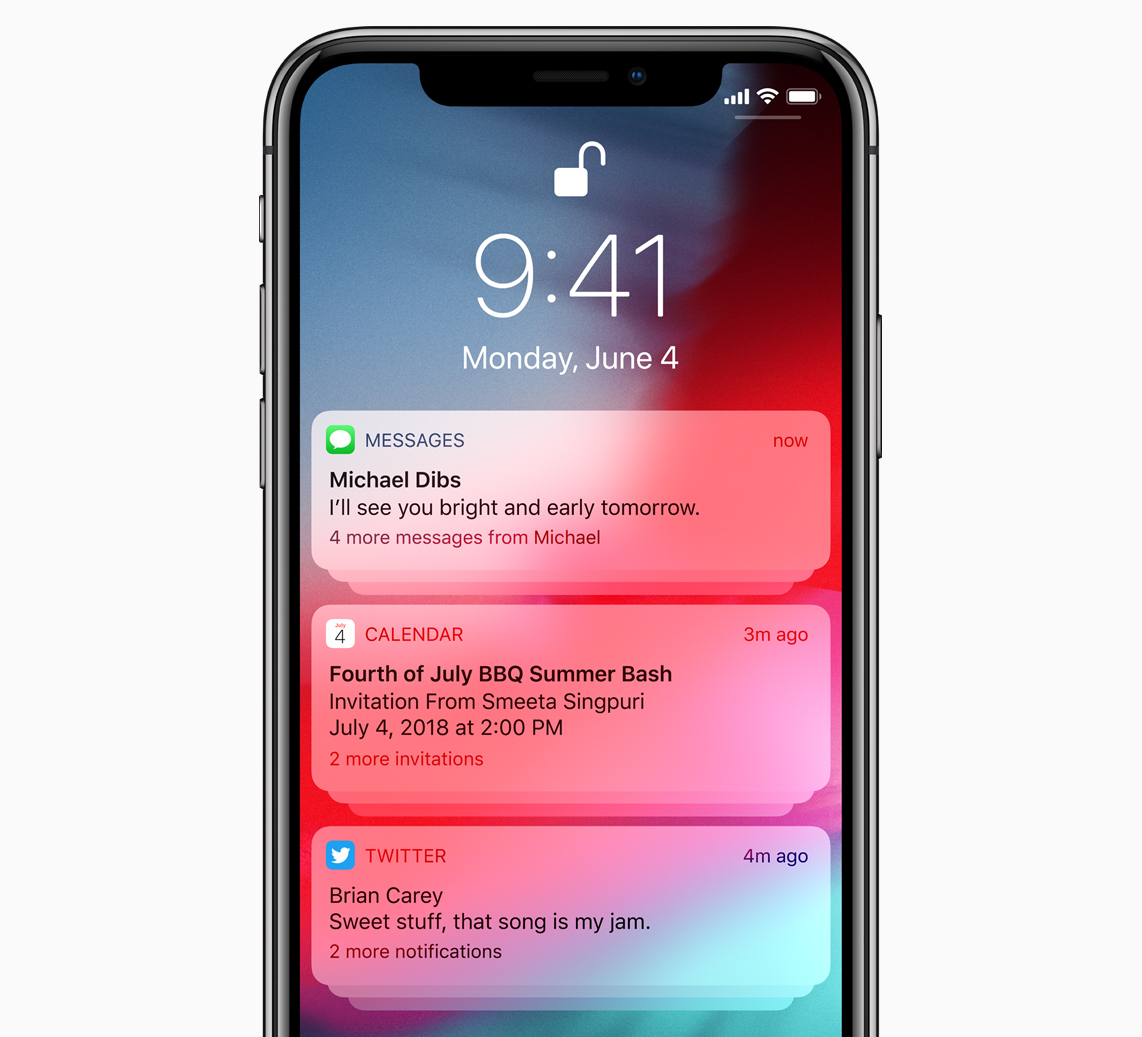 Another new iOS 12 feature, notifications on the lock screen can be grouped by category to reduce seemingly endless scrolling through alerts. Image: Apple.