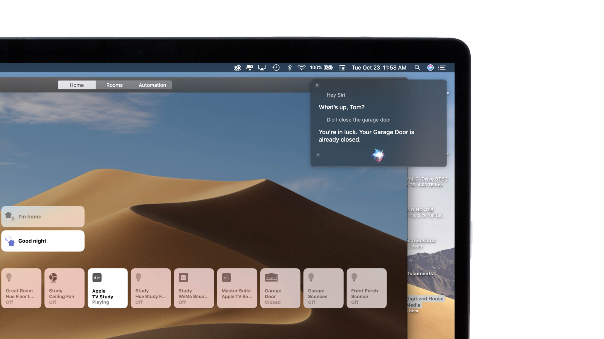 Voice activation is all the rage in the connected home, and the Siri assistant on Mojave gains full control of all HomeKit accessories. Image: Digitized House Media.