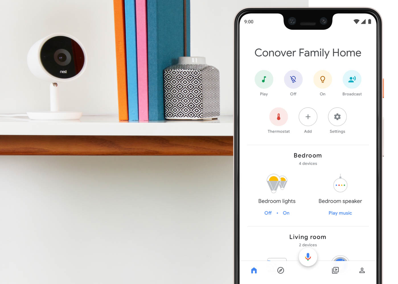 A revised Google Home app is part of the package, and mimics the look and feel of the Home Hub interface. Image: Google.