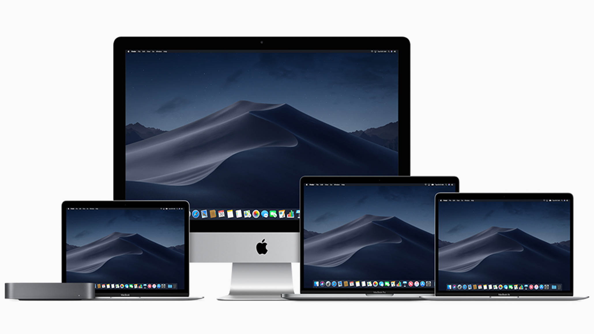 From left to right: Apple Mac Mini, MacBook Air, iMac, MacBook Pro, and MacBook. Image: Apple.