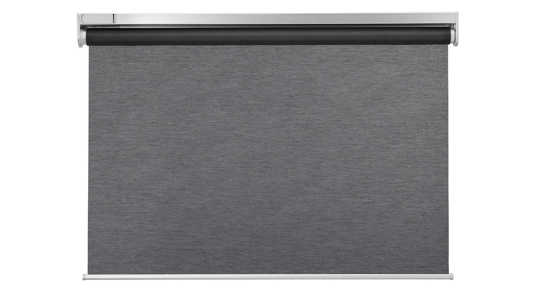 The IKEA Fyrtur smart shades, in a gray blackout fabric design. A rechargeable battery is located behind a tilt-out flap on the left side of the headrail. Image: IKEA