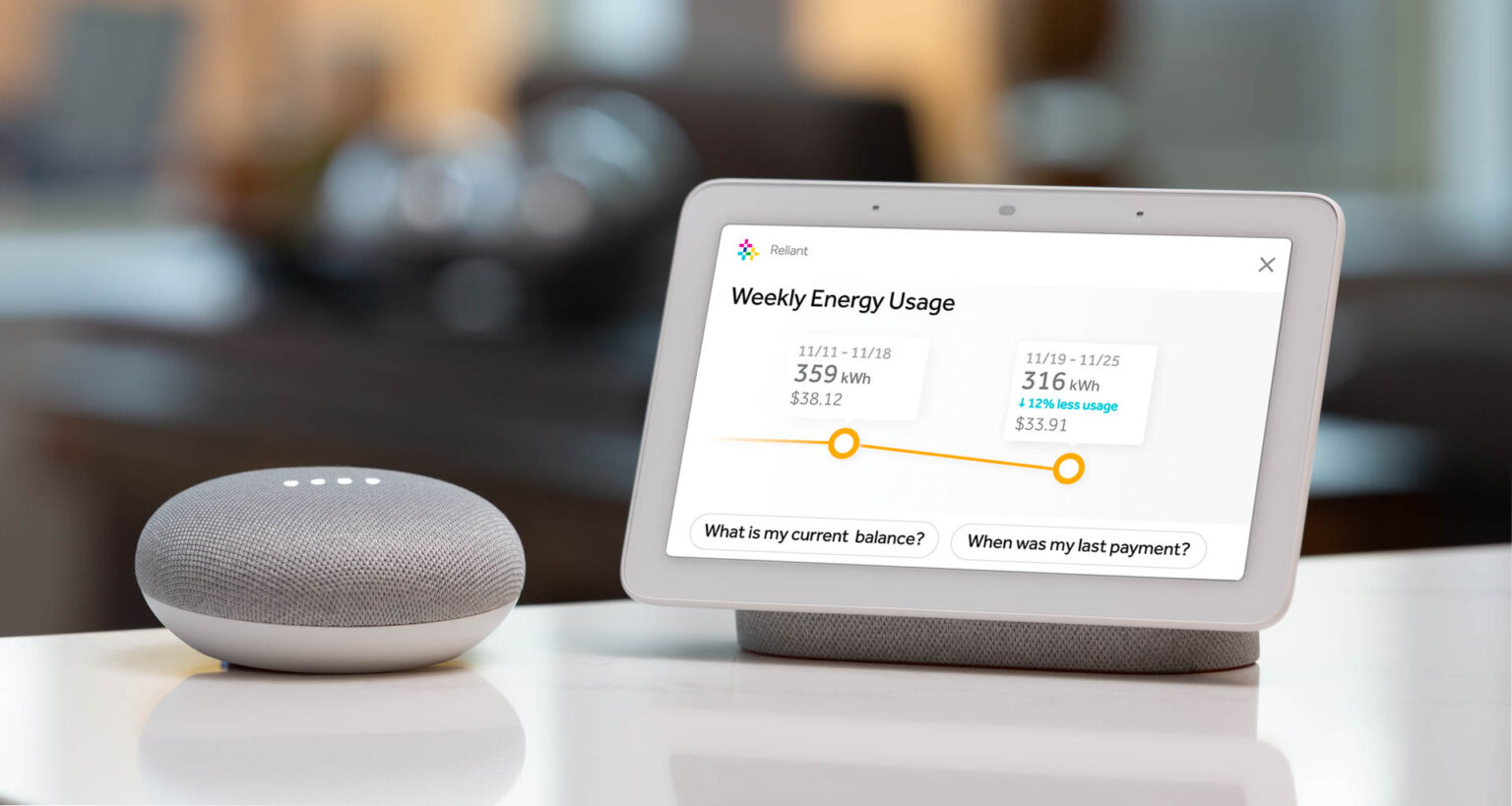 Google Home Mini + Google Home Hub displaying energy data from Reliant Energy. Image: Digitized House Media.