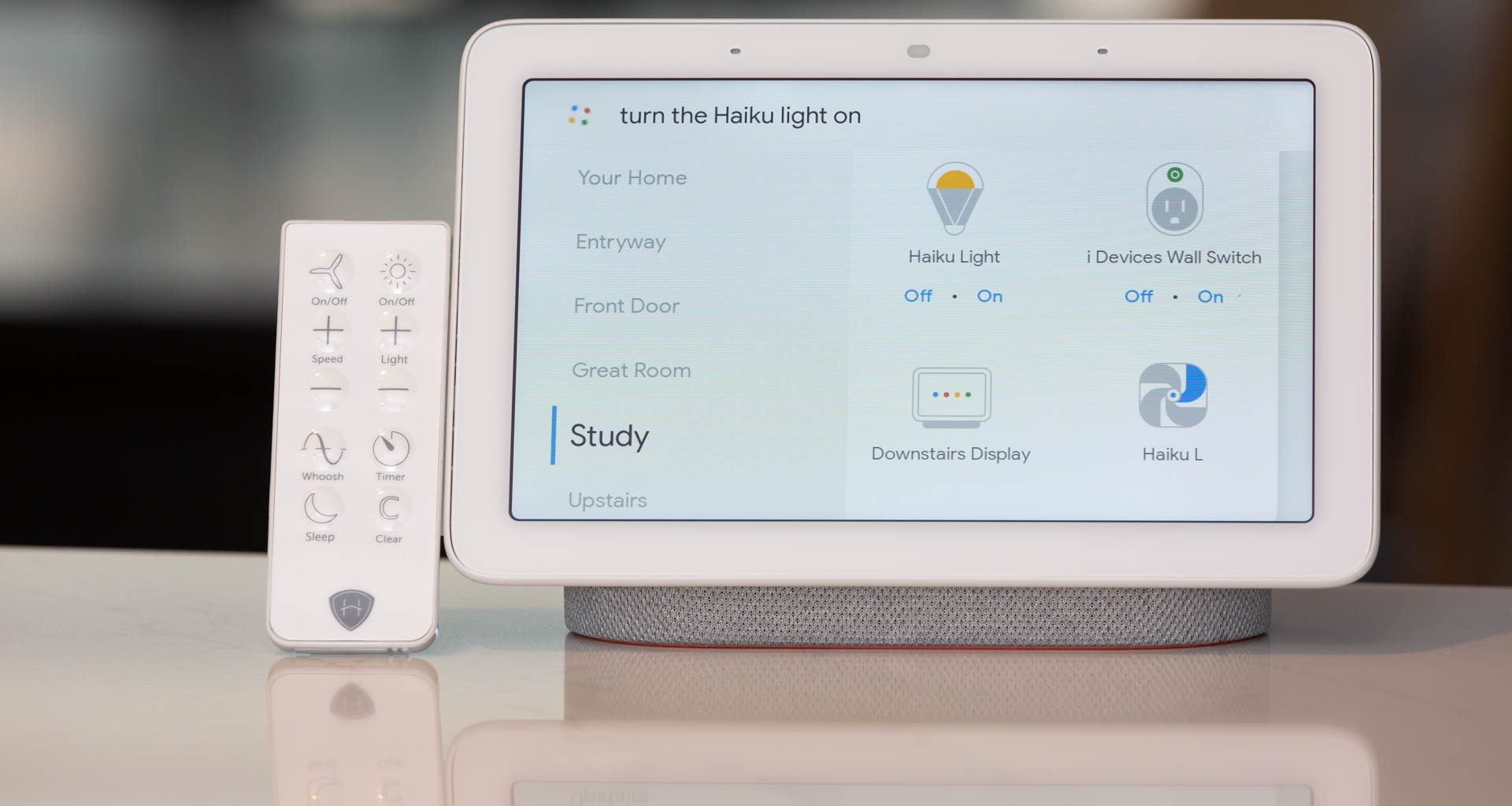 Haiku Home fans and lights can be controlled with Google Assistant voice commands. Here, Haiku products on the Google Home Hub. Image: Digitized House Media.