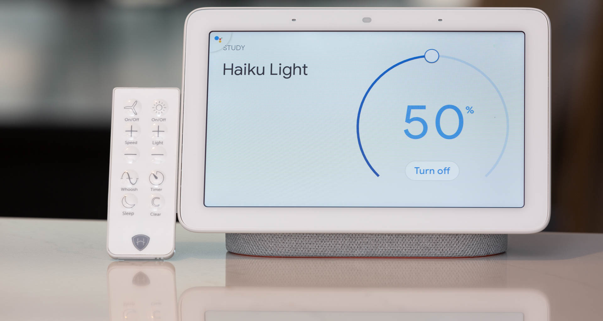 With a Google Home Hub or from the Google Home app, Haiku lights can be controlled with screen gestures. Image: Digitized House Media.