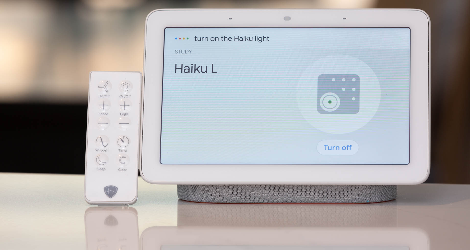 From a Google Home Hub, Haiku fans can be switched on or off, but can't have their speed adjusted. You'll have to use voice commands for that. Image: Digitized House Media.