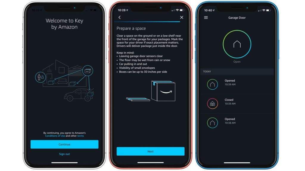 The Key by Amazon app is the gatekeeper for the In-Garage delivery service. By glancing at the home screen (right), the current open/closed state of the garage door and activity history can be checked. Image: Digitized House.
