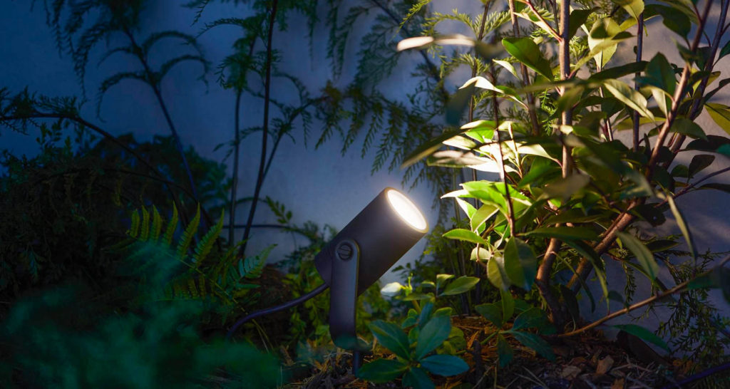 A staple indoors, the Philips Hue line of smart lighting has been expanded to outdoor lighting, Here, the Lily White White & Color Ambience spotlight. Image: Philips.