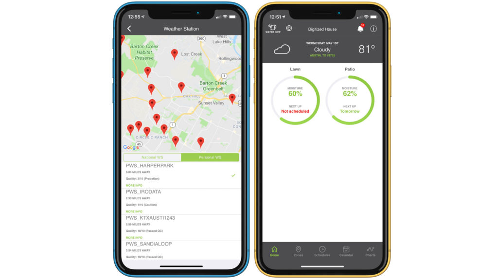 A station on the Personal Weather Station network must be selected (left) during setup. Once that is done, a local weather summary appears at the top of the Zilker app's home page (right).
