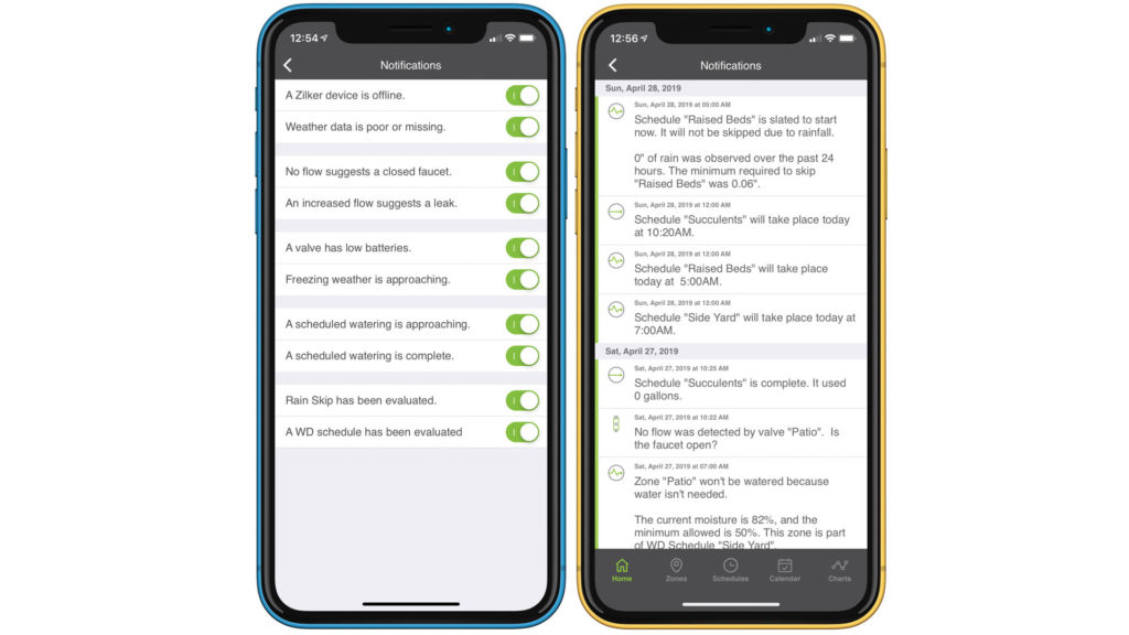 Zilker can deliver 10 different types of notifications (left), and resulting events can be displayed in the app (right) or as OS-level notifications. Image: Digitized House.
