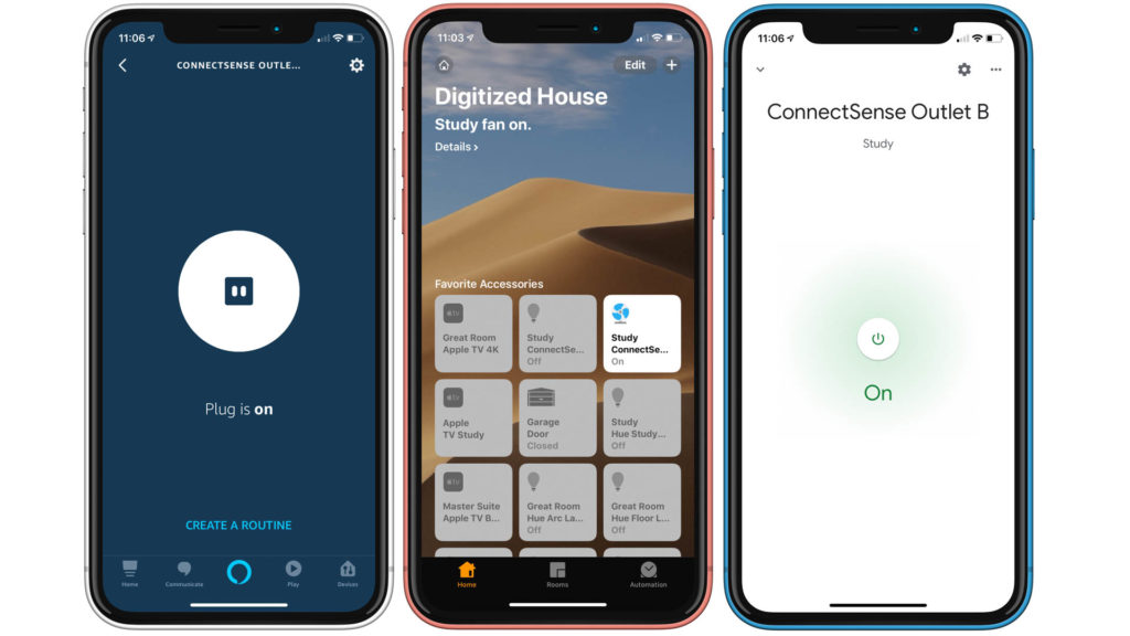Nearly universal controls through apps and voice assistants is part of the ConnectSense Outlet2 package. Amazon Alexa (left), Apple HomeKit/Siri (center), and Google Assistant/Google Home support (right) offer plenty of options. Image: Digitized House.