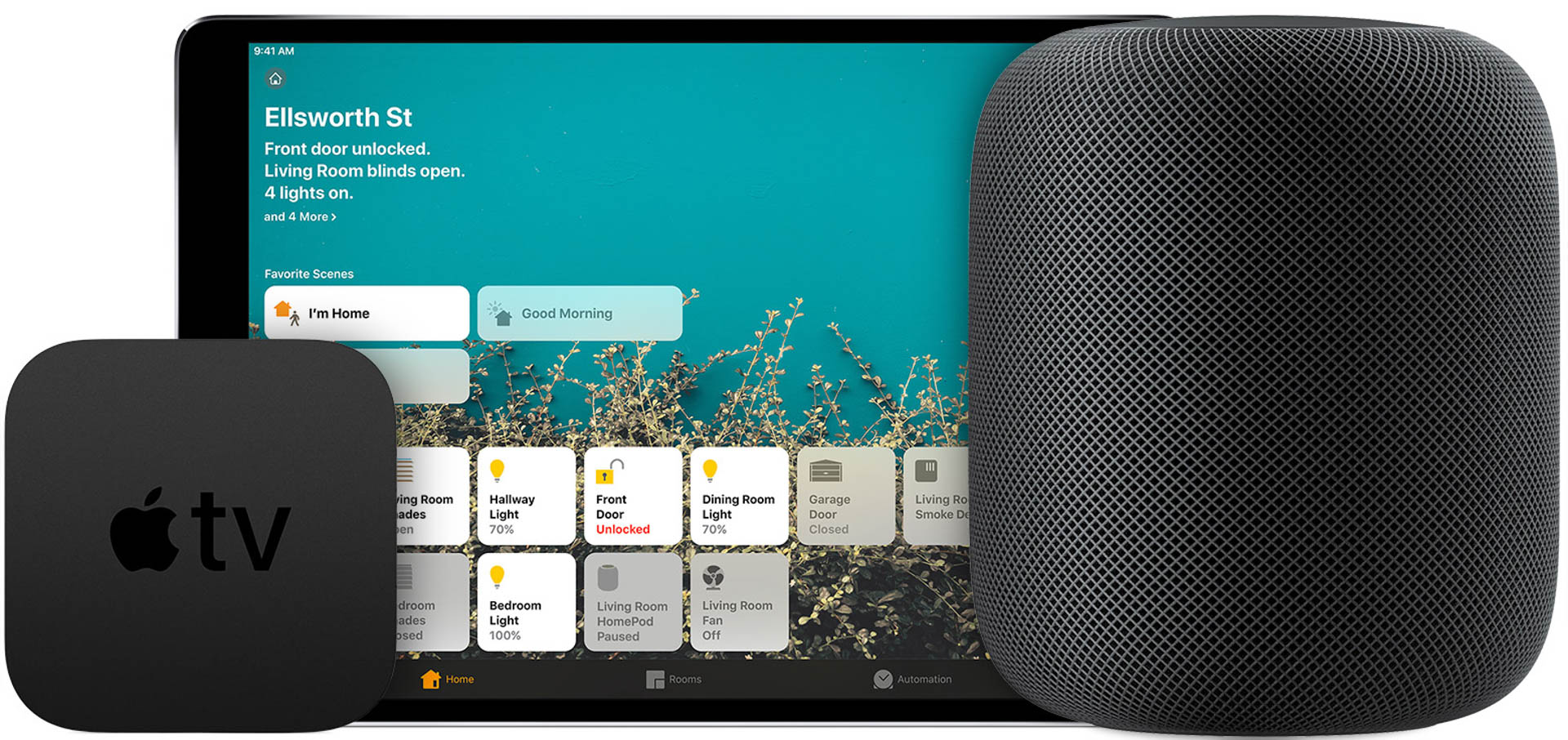 You may already have Apple devices in your home that can be set up as HomeKit Home Hubs. Apple TV, iPad, and HomePod devices can be used to enhance HomeKit functionality for all accessories.  Image: Apple.