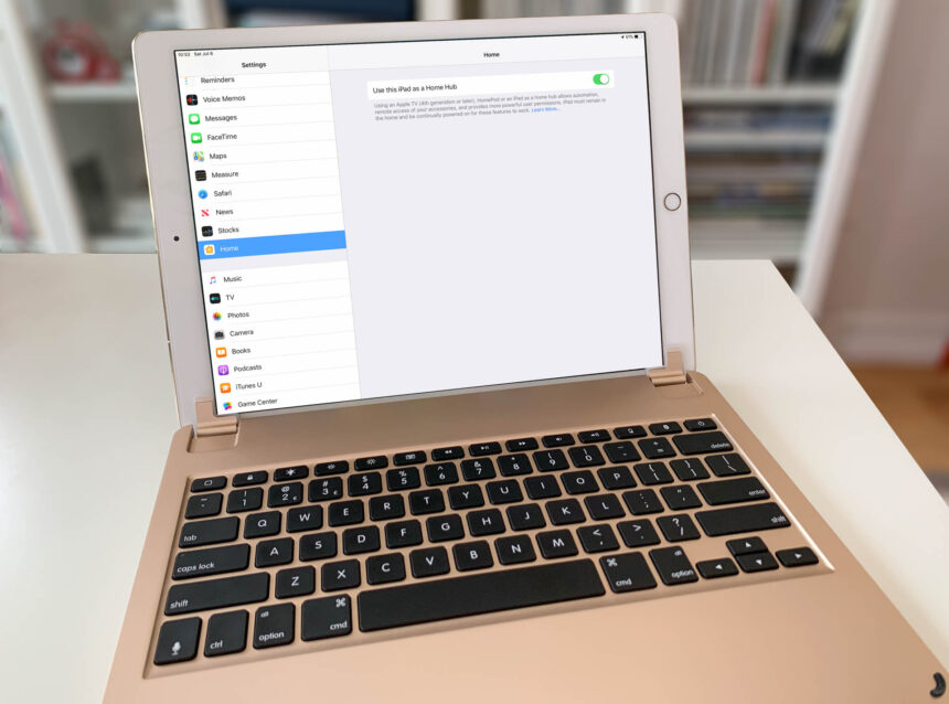 Apple iPads can be configured to run as a HomeKit Home Hub (iPad Pro 12.9 fitted with a Brydge 12.9 keyboard). Image: Digitized House.