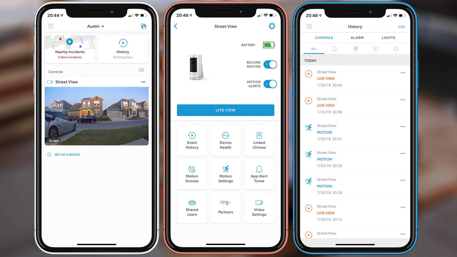 The Ring app, familiar to users of Ring Doorbells, is the central control center for all Stick Up Cams. The main camera screen (left), settings (middle), and history (right) are among the management options. Image: Digitized House.