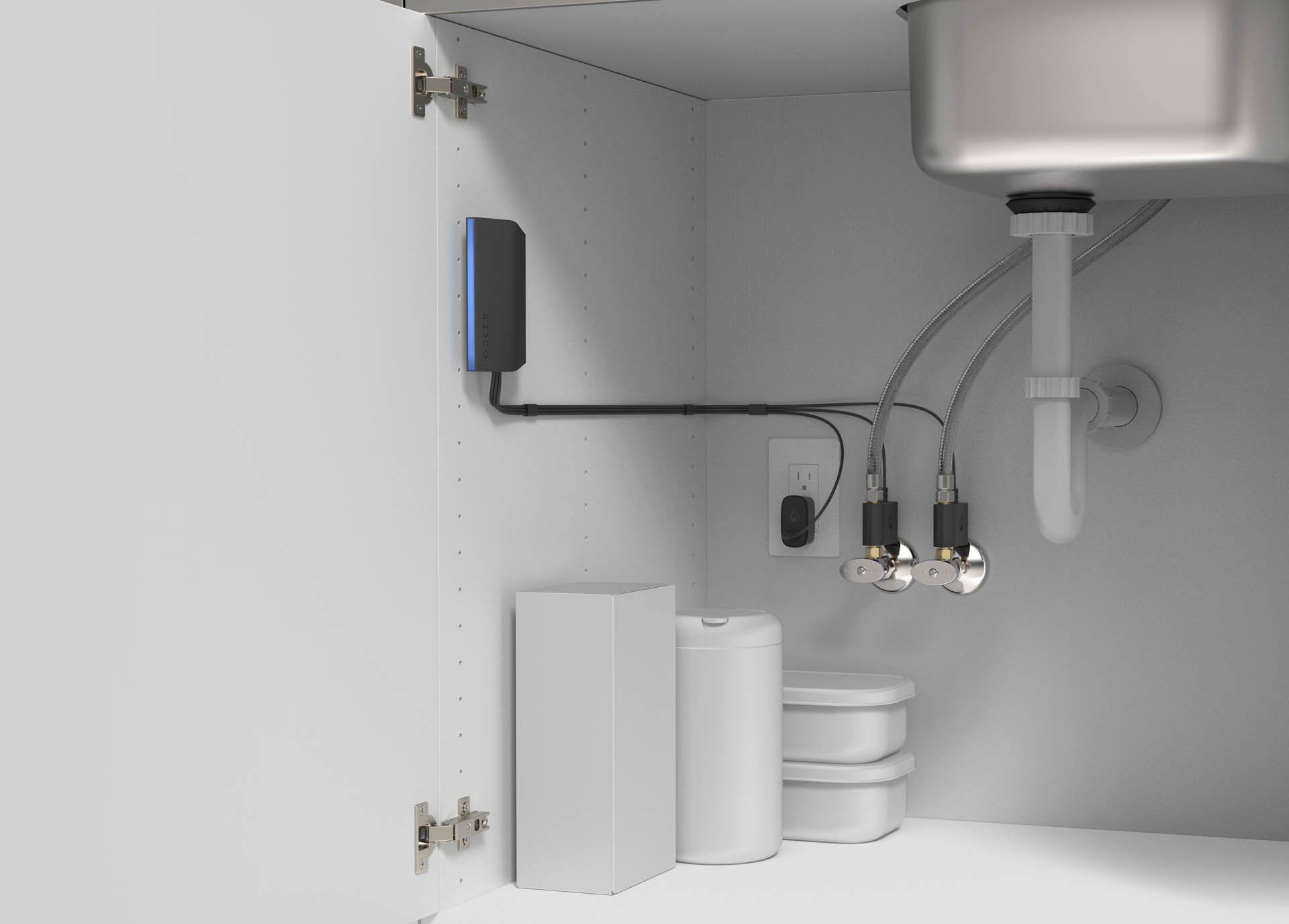 The new Phyn product easily installs under a sink, by connecting to the existing hot and cold water lines. Image: Phyn.