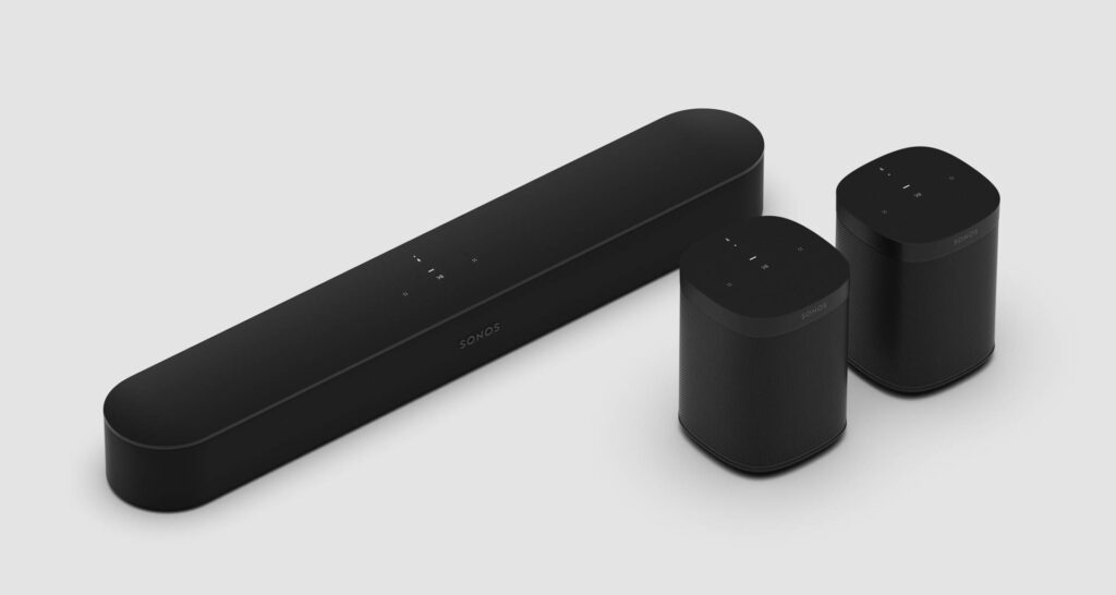 The Sonos Beam soundbar and Sonos One speaker include onboard Amazon Alexa and Google Assistant voice assistants. Image: Sonos.