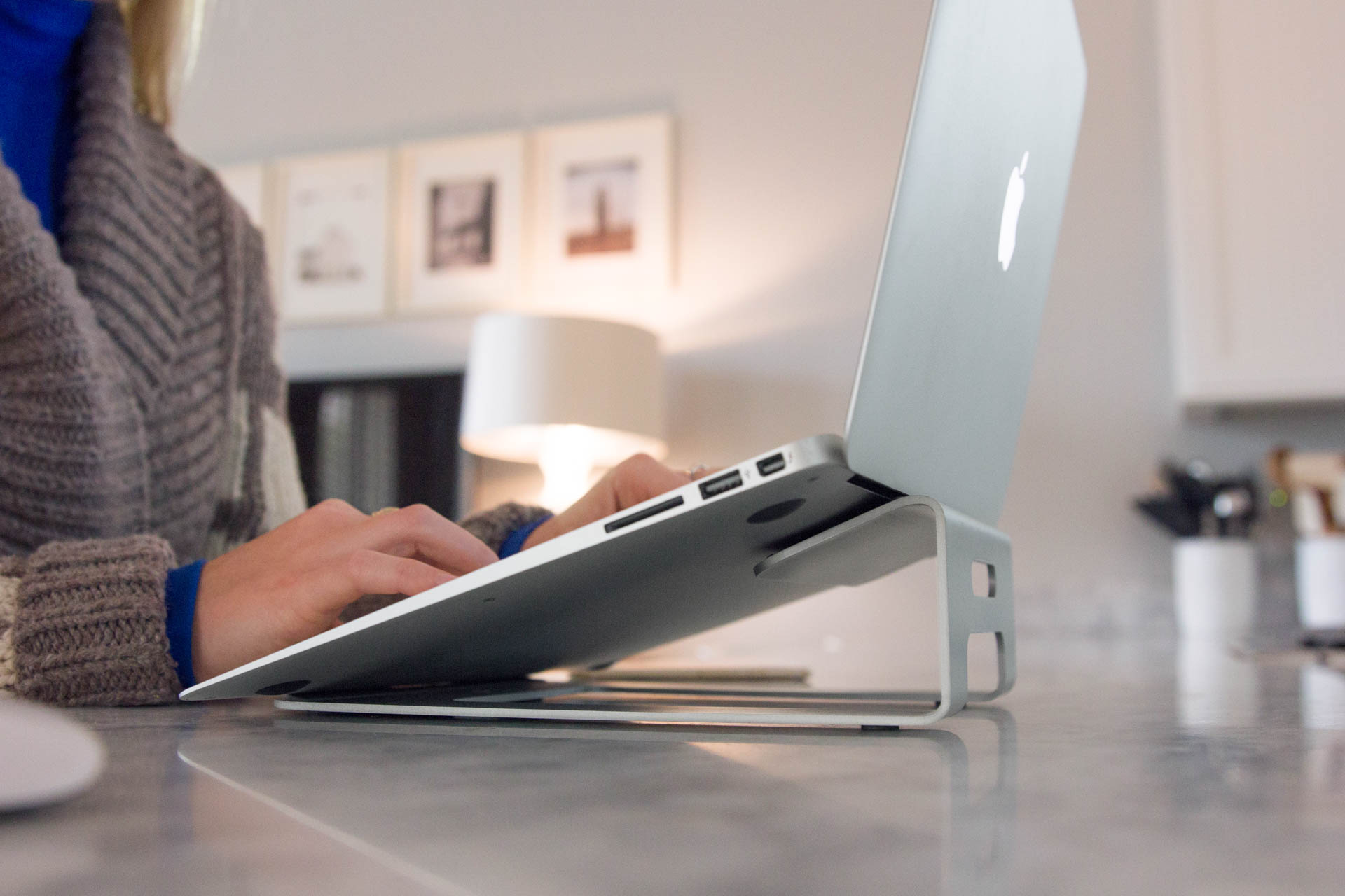For maximum comfort in the writing saddle, make sure your keyboard is at the proper angle and height. Consider a laptop stand, such as the Twelve South ParcSlope. Image: Twelve South.