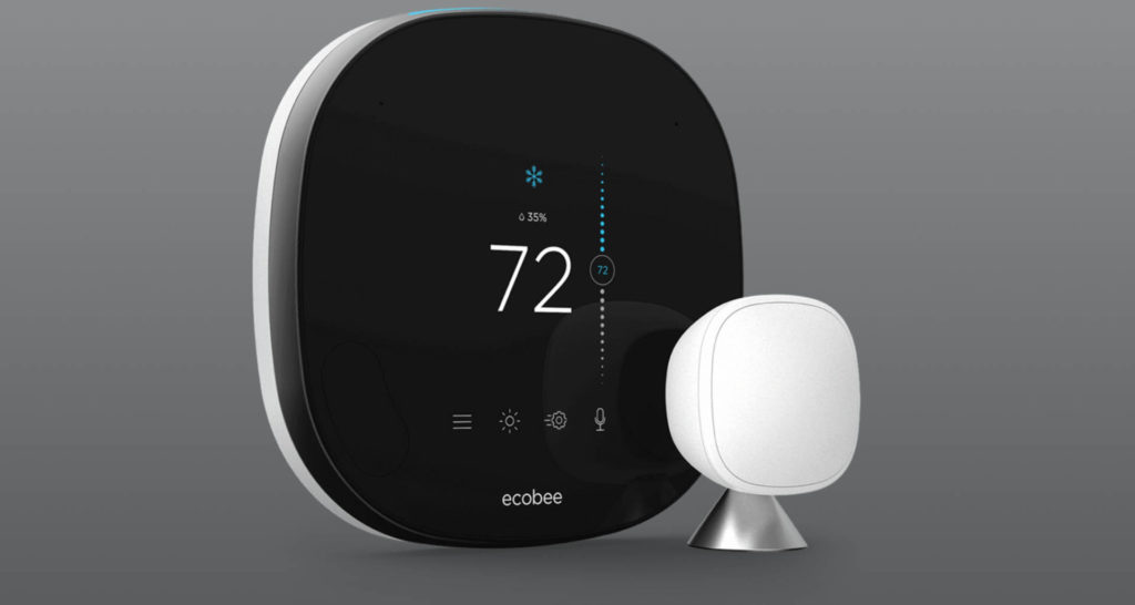 The ecobee 4 smart thermostat arrives with the Amazon Alexa voice assistant and speaker as part of the package. Image: ecobee.