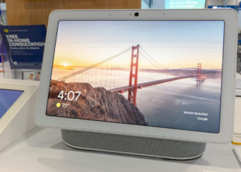 The first new product since the Google and Nest brands merged, the Google Nest Hub Max was on display at an Austin Best Buy store. Image: Digitized House.