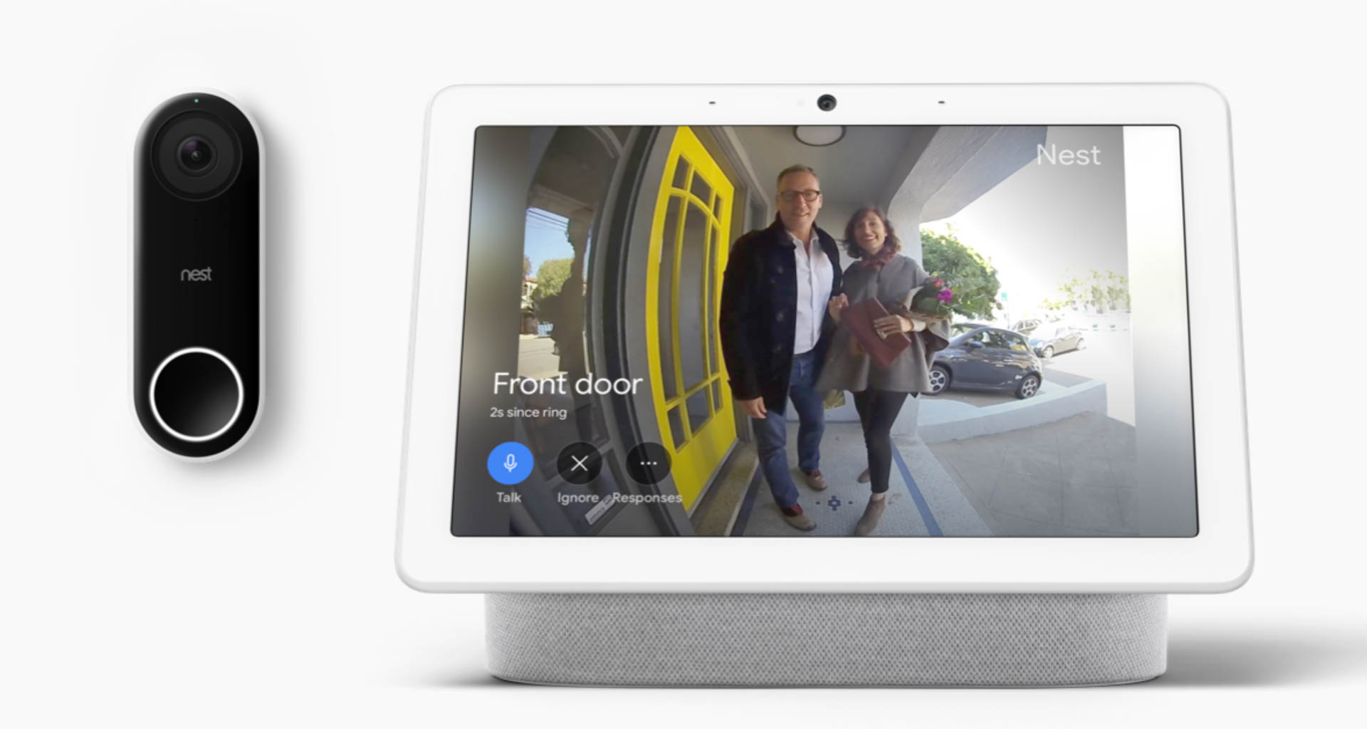Live streams from a Nest Hello video doorbell can appear on the Nest Hub Max (shown) or the smaller Nest Hub. Image: Google.