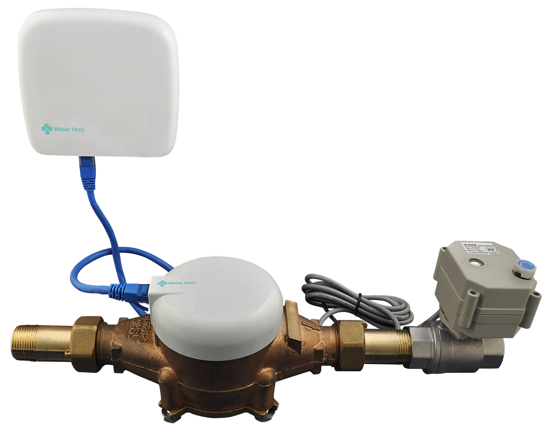 The Water Hero P-100 system consists of the Main Controller (top left), special Water Meter and Sensor Cap (lower left) and Motorized Ball Valve (lower right. Image: Water Hero.