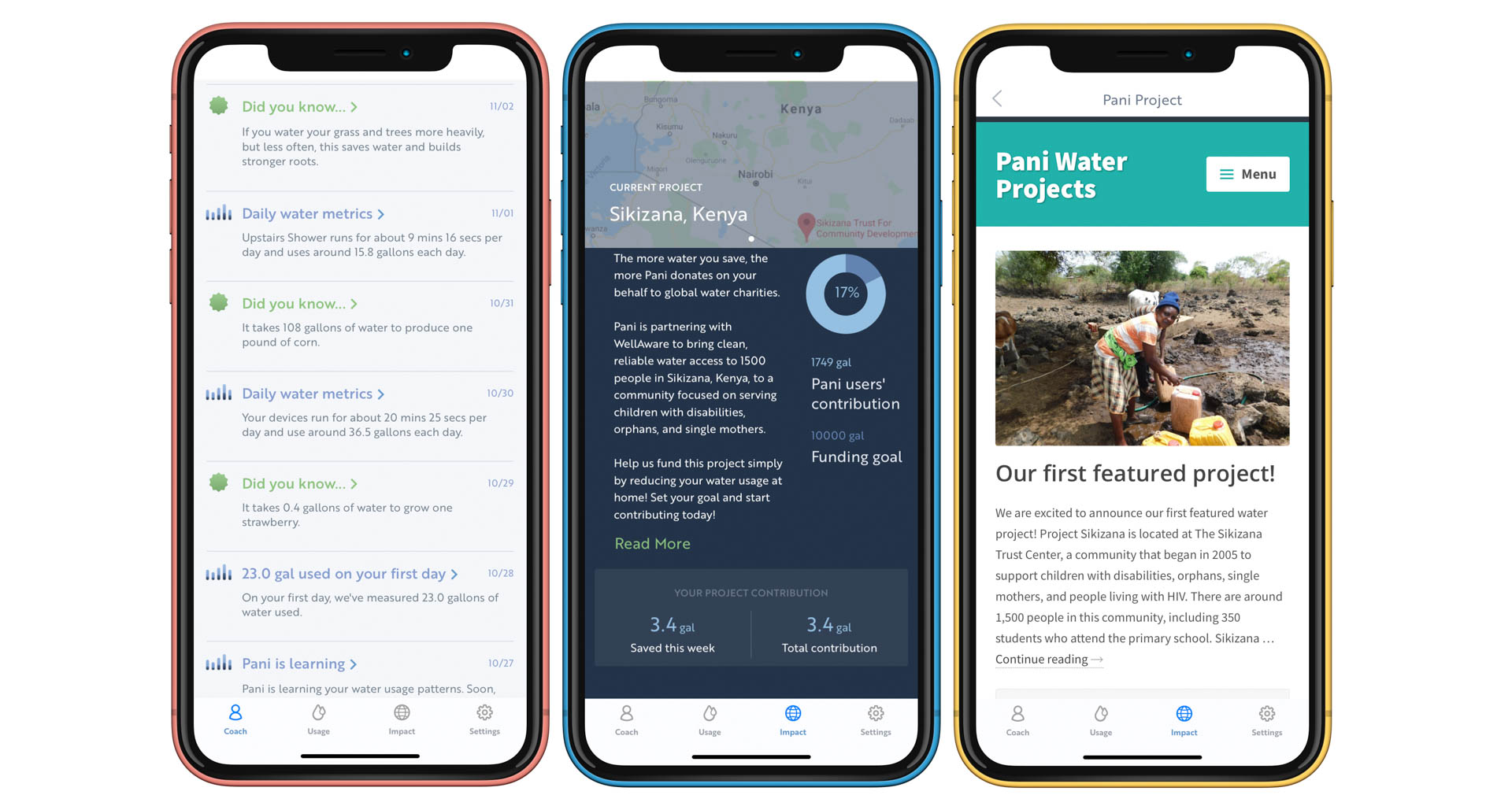 Pani delivers coaching tips on the Coach tab, while the Impact tab shows your current contribution to the current water charity project. Image: Digitized House.
