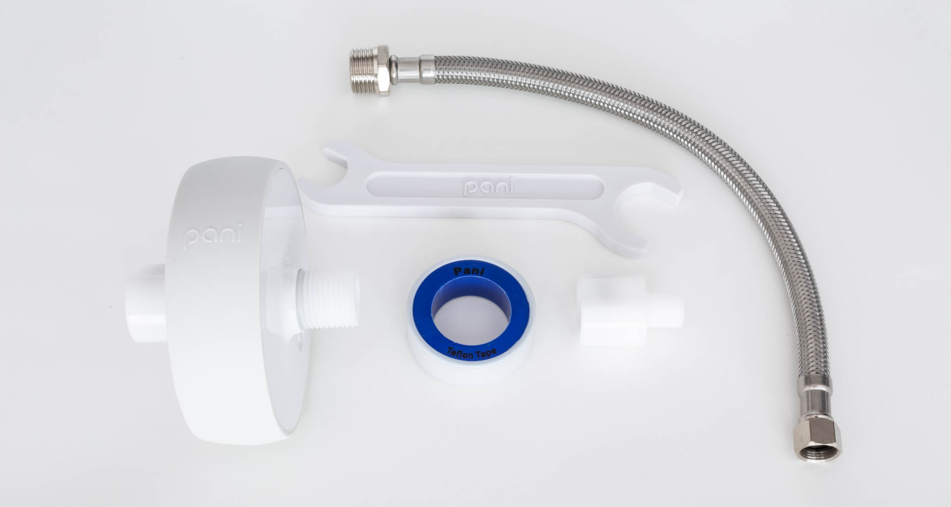 A Pani kit includes everything you need to install the smart water monitor on a single appliance, including the monitor device, braided stainless steel water line, hose adapter, Teflon tape, and a Pani-branded wrench. Image: Digitized House.