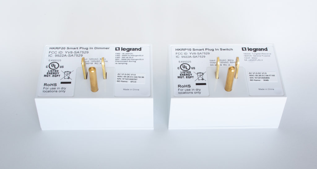 The Legrand on-wall smart dimmer (left) and switch (right) offer a minimalistic, boxy design. Image: Digitized House.