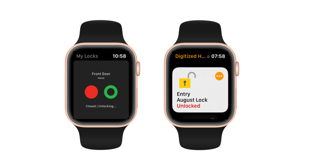 The native August app (left) and the Apple Home app (right) on Apple Watch. Image: Digitized House.