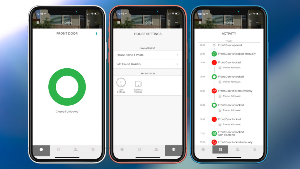 The August app. From left to right, the Lock Circle screen, House Settings, and Activity Feed. Image: Digitized House.
