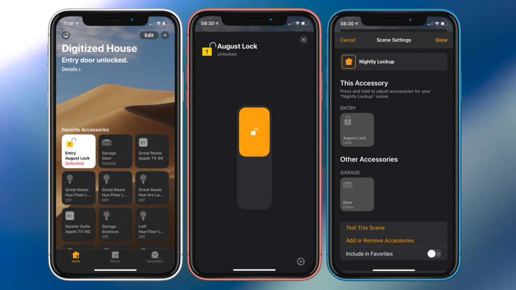 The Apple Home app and HomeKit on iOS. From left to right, Home screen with active August lock tile, lock control screen, and Scene Settings. Image: Digitized House.