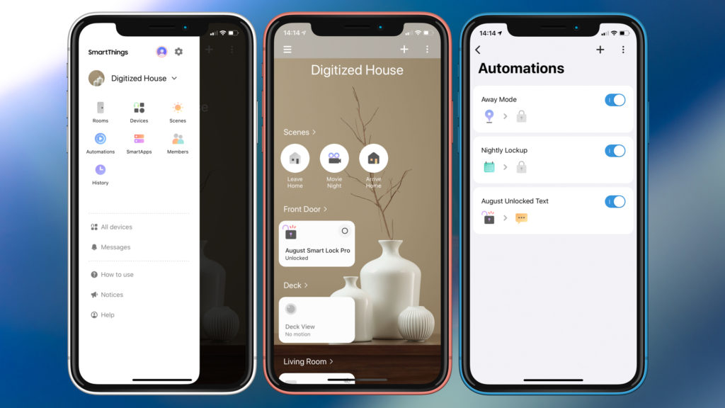 The full complement of SmartThings features open up to August Smart Lock Pro users, including Scenes (middle screen) and Automations (right screen). Image: Digitized House.
