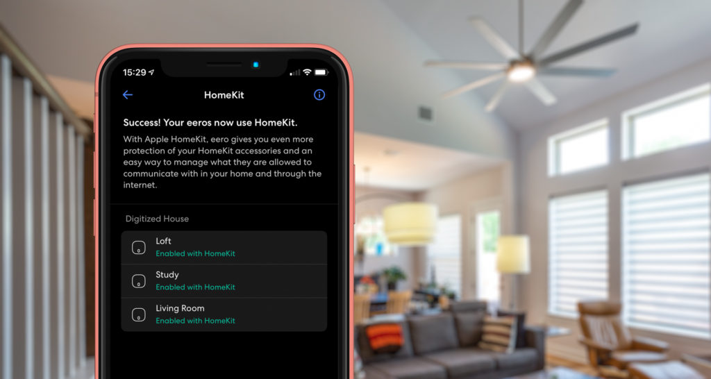 From the eero app, you can instantly check to see if the Apple HomeKit security features are up and running. Image: Digitized House.