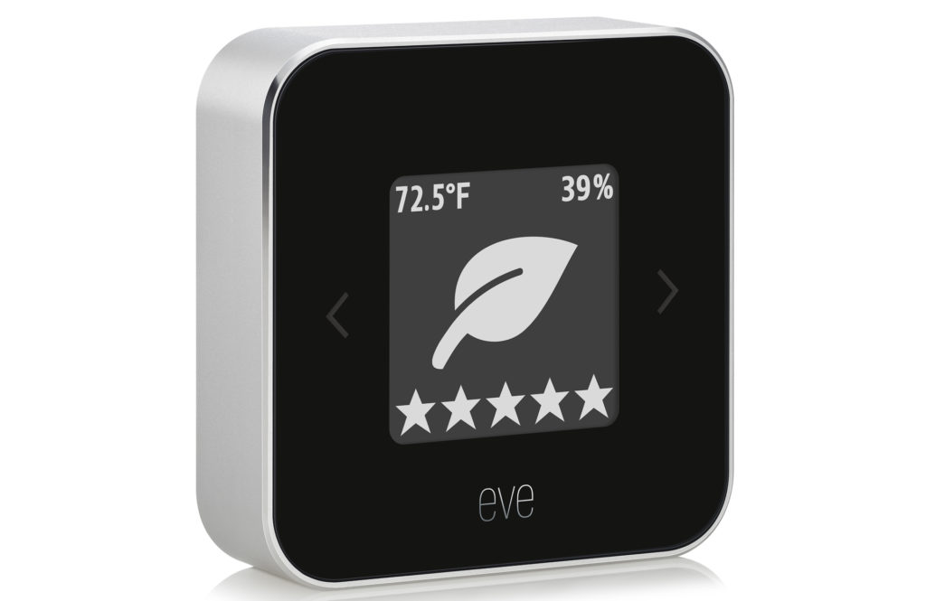 The Elgato Eve Room monitor tracks temperature, humidity, and air quality. It can detect volatile organic compounds in your home, and works with Apple HomeKit and the Siri digital assistant. Image: Elgato.