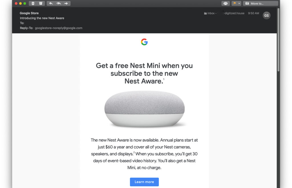 Many Google Nest customers have been receiving email offers for a free Nest Mini smart speaker with an annual second-generation Nest Aware plan. Image: Digitized House.